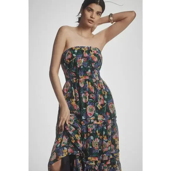 New Anthropologie The Somerset Strapless Maxi Dress $178 X-Large Blue Floral - Picture 2 of 8